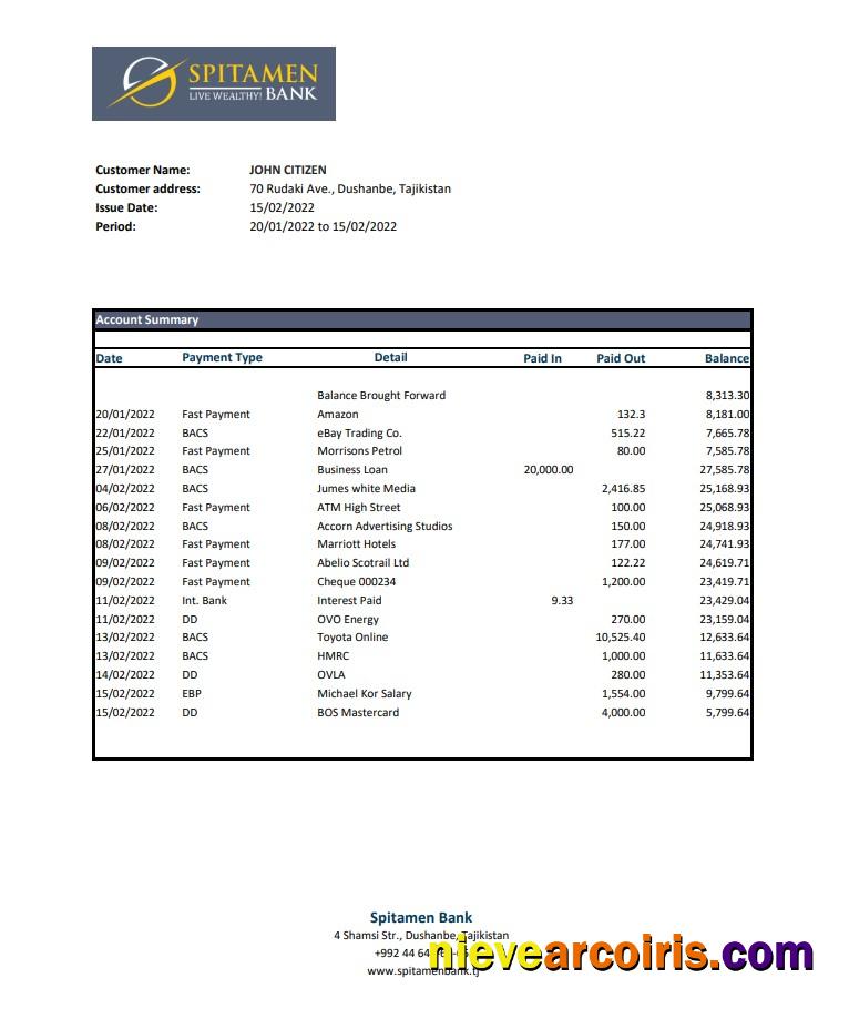 Tajikistan Spitamen Bank statement xls